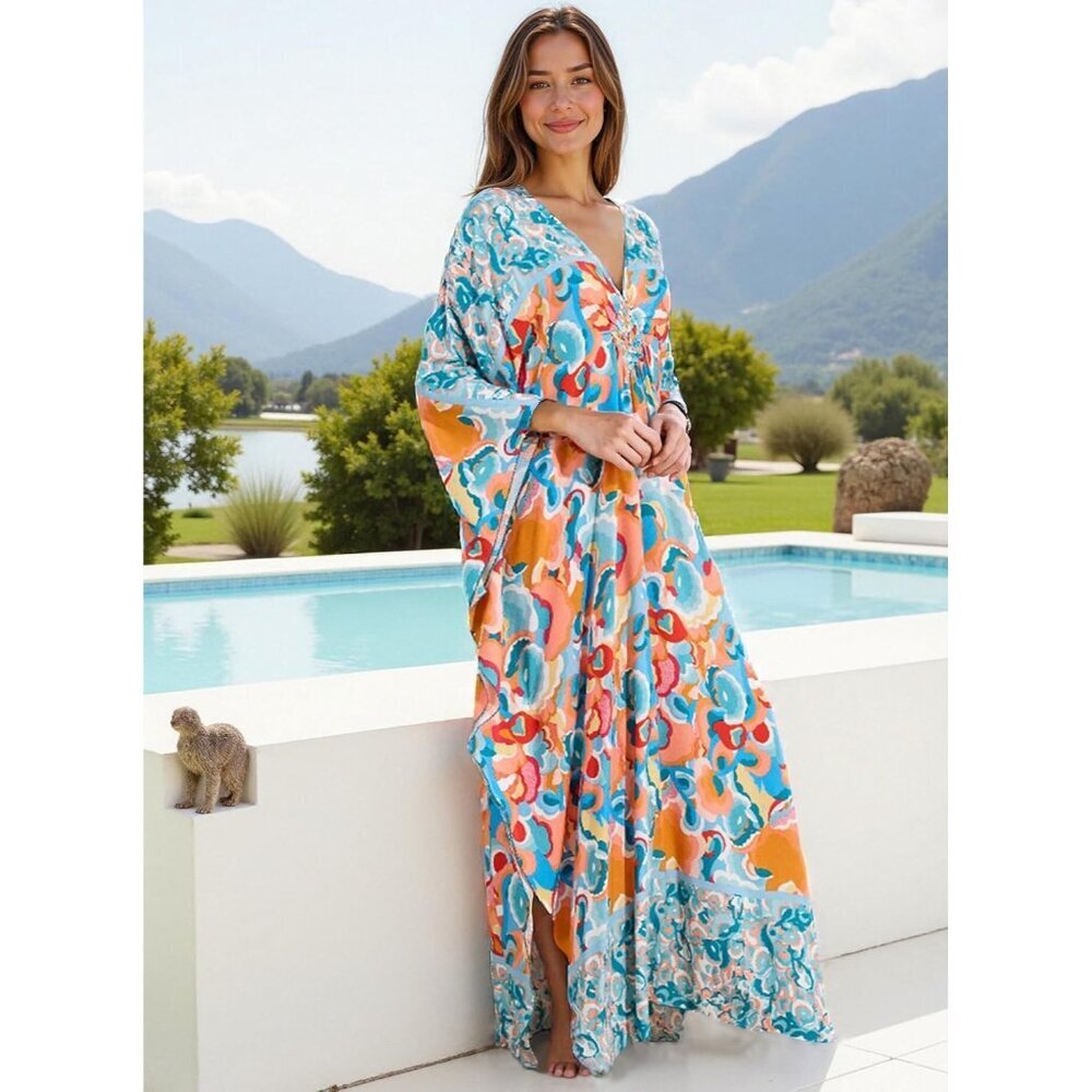 Women Blue Orange Floral V-neck Batwing Sleeve Flowy Split Bohemian Kaftan Dress - Picture 4 of 7